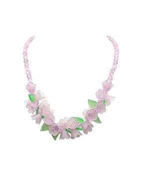 Vintage Floral Beaded Bib Necklace with Pastel Purple & Green Acrylic Flowers